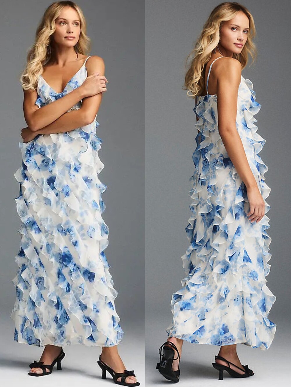 Anthropologie BHLDN Jia Printed Bias Cut Ruffled V Neck Gown in Blue and White